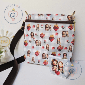 Kit bolsa tiracolo + porta terços - Sagrado e Imaculado Coração